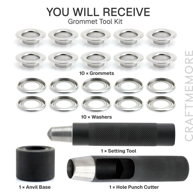 CRAFTMEMORE 5/8" Grommet Tool Kit Eyelet Setting Tool Grommet Setter Hole Punch Cutter & Pack of 10 Grommets (5/8" (16mm) Inside Diameter) - Image 3